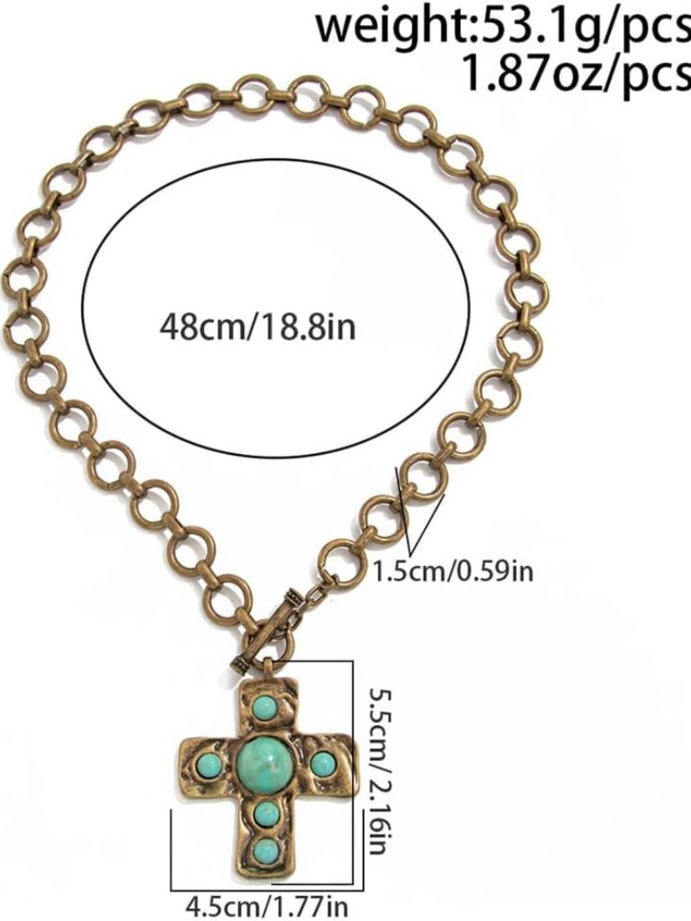 Boho Chunky Gold Turquoise Cross Pendant Necklace for Women Vintage Crucifix Cou - Picture 3 of 7
